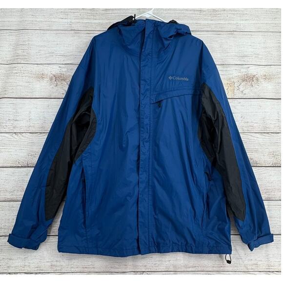 Columbia Omni-Tech Rain jacket Mens XLT Blue Black Full Zip Packable - Picture 1 of 16